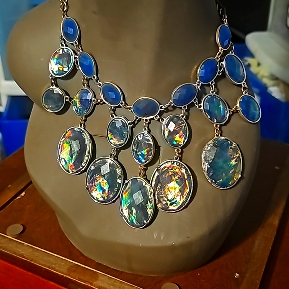 Blue Ocean & Green Turquoise Opalscent  Statement Necklace, Adjustable Length - Picture 1 of 8